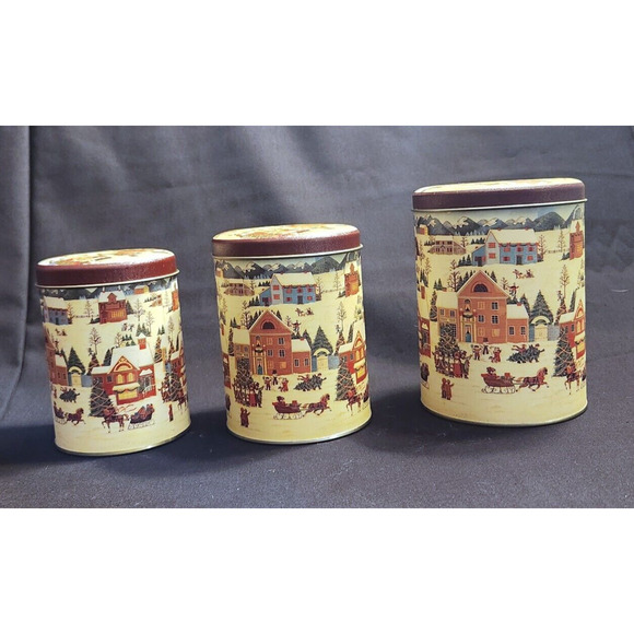 Christmas Tins with Snow Town Scene Looks New 3 pc 5 1/2", 5", 4 1/2" - Picture 2 of 7